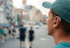 Human life with a hearing aid. Young man with a hearing aid behind the ear in a noisy city hears people around well