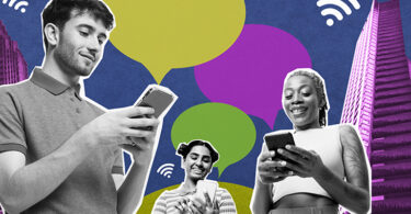 Three people in black and white using their phones in front of a colorful background with multiple Wi-Fi signals and speech bubbles decorating the image.