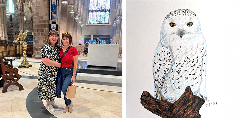 Two photos of Cynthia Santoro next to each other. The left photo is her and a friend standing next to each other. The right photo is a painting she made.