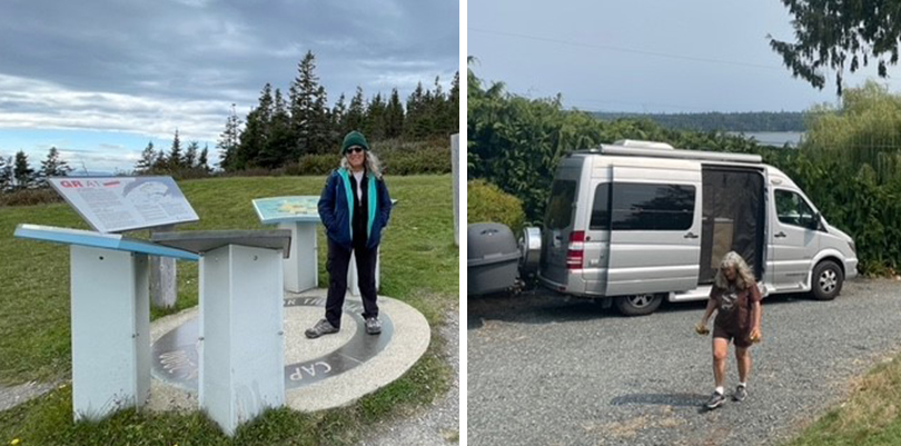 Two pictures of Jan Sweigert next to each other, one in which she's standing next to a landmark, another where she's standing outside a camper van.