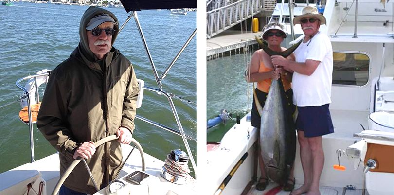 Two pictures of Joe Woodford next to each other. The left photo is him manning a ship's wheel. The right photo is him and a woman next to him both holding a large fish nearly the size of their bodies.