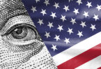 American flag and eye from dollar bill next to each other.