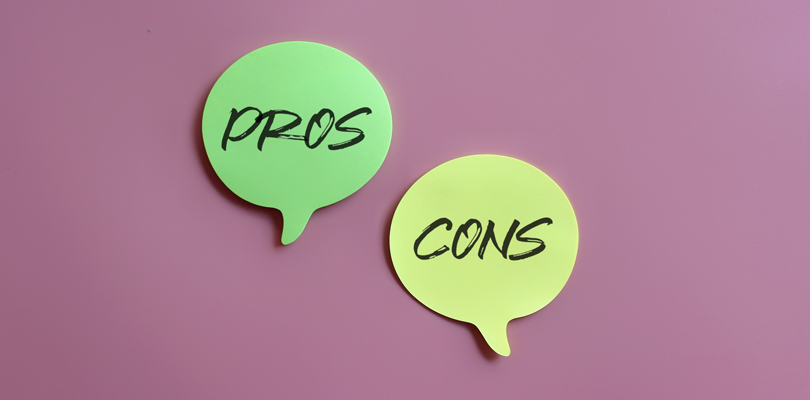 Two speech bubbles, one says "Pros" the other says "Cons"