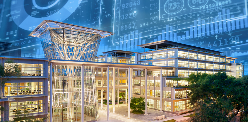 Lincoln Plaza East & West buildings with stock portfolio inspired design background