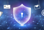 Shield with keyhole inside logo with various computer elements on fishing hooks in the background