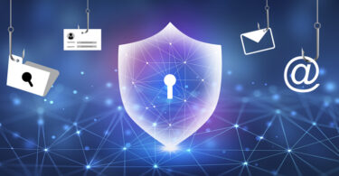 Shield with keyhole inside logo with various computer elements on fishing hooks in the background