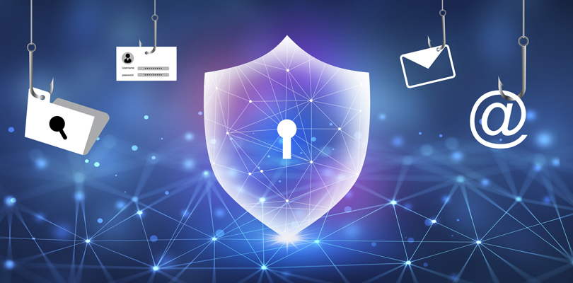 Shield with keyhole inside logo with various computer elements on fishing hooks in the background