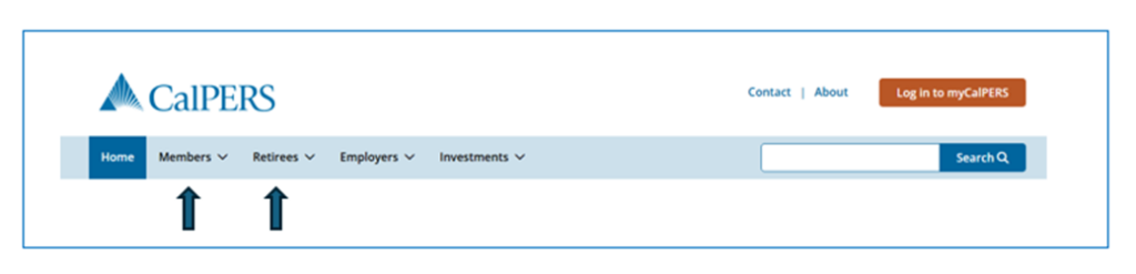 Screenshot of CalPERS website with black arrows pointing up towards the 